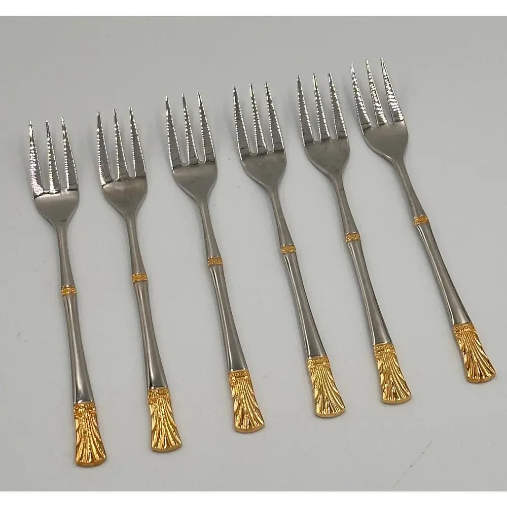 Baek San Royal Seafood Dessert Appetizer Stainless Steel Gold Trim Forks 6pc Set
